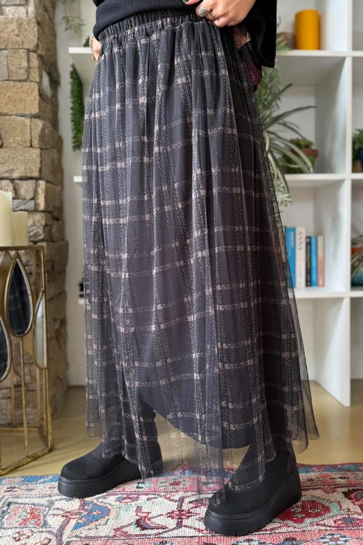 Enid Plaid Tulle Midi Skirt Black